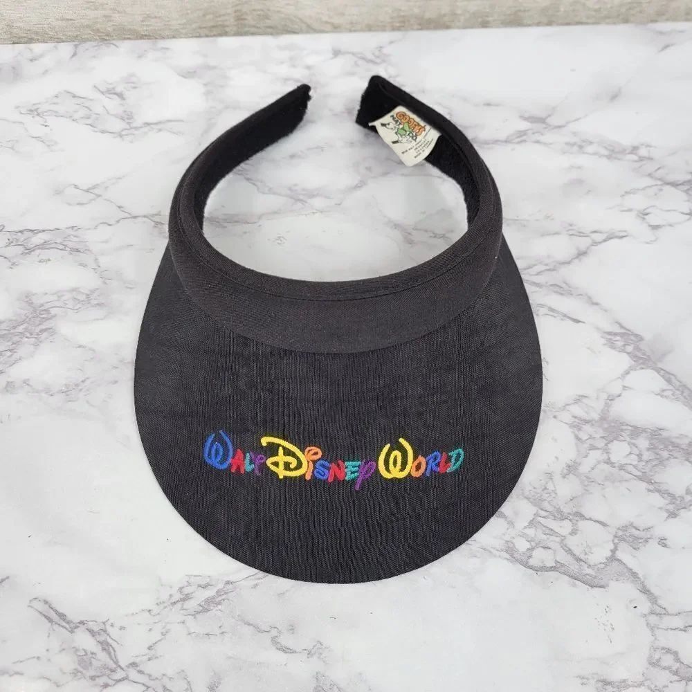 Walt Disney World Vintage Nylon Black Sun Visor Hat Colorful Embroidery
